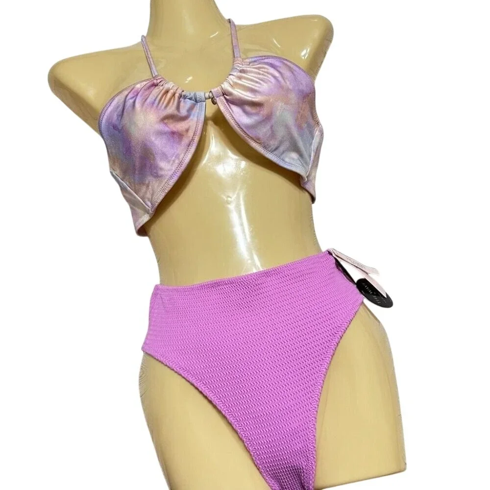 Victoria's Secret The Wave Bikini Set Purple Tie Dye Halter Top Crinkle Bottom M